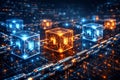 Blockchain Technology Network 3D Digital Blocks Connected with Chain on Futuristic Data Background for Cybersecurity and Finance Royalty Free Stock Photo
