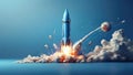 A futuristic blue background with a launched rocket symbolizing the rapid growth and progress of a startup company.