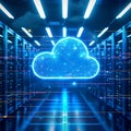 Futuristic blue cloud technology in a data center environment.