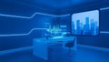 Futuristic blue control room with holographic data display and glowing neon accents overlooking a cityscape Royalty Free Stock Photo