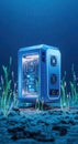 Futuristic blue computer tower submerged underwater surrounded by aquatic plants and bubbles Royalty Free Stock Photo