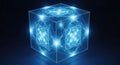 Futuristic Blue Cube Encasing Glowing Digital Network and Bright Light Flares Royalty Free Stock Photo