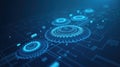 Futuristic blue digital blueprint of interlocking gears and circuits Royalty Free Stock Photo