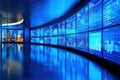 Futuristic blue digital control room with large data screens displaying graphs and cityscape reflections
