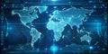 Futuristic blue digital interface displaying a world map and various data visualizations. Royalty Free Stock Photo