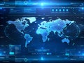 Futuristic blue digital interface with world map and data. Royalty Free Stock Photo