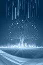 Futuristic blue digital tree with glowing nodes against city skyline abstract tech background for presentations websites and Royalty Free Stock Photo