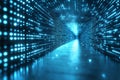 Abstract digital blue tunnel with glowing particles and light effects, data stream visualization concept Royalty Free Stock Photo