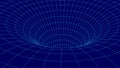 Futuristic blue funnel. Wireframe space travel tunnel. Abstract blue wormhole with surface warp. Vector illustration