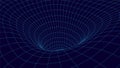 Futuristic blue funnel. Wireframe space travel tunnel. Abstract blue wormhole with surface warp. Vector illustration