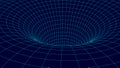 Futuristic blue funnel. Wireframe space travel tunnel. Abstract blue wormhole with surface warp. Vector illustration