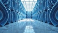 Futuristic blue geometric hallway with symmetrical arched patterns and glass ceiling Royalty Free Stock Photo