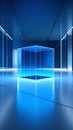 Futuristic blue glass cube in a modern, minimalist interior setting with reflections. Royalty Free Stock Photo