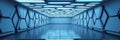 Futuristic blue hallway with geometric panels and illuminated ceiling Royalty Free Stock Photo