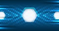Futuristic blue hexagon background with glowing tech elements and dynamic motion lines. Ideal for technology presentations, Royalty Free Stock Photo