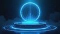 Futuristic blue hologram podium glows against dark backdrop. Circular light effect creates portal digital display. Tech element Royalty Free Stock Photo