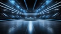 Futuristic blue-lit corridor with geometric walls, modern sci-fi interior design for gaming or movie set background