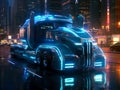Futuristic blue neon lights truck in the night city Royalty Free Stock Photo