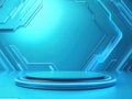 Futuristic Blue Neon Podium with Circuitry Background. Royalty Free Stock Photo