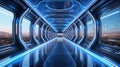 Futuristic blue neon spaceship corridor sci-fi. Generative AI. Royalty Free Stock Photo