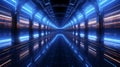 Futuristic blue neon spaceship corridor sci-fi. Generative AI. Royalty Free Stock Photo