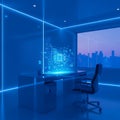 Futuristic blue office interior showcases holographic data interface above a modern desk overlooking a cityscape Royalty Free Stock Photo