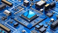 Futuristic Blue PCB with Central Processor Ã¢â¬\' Intricate Circuitry and Tech Details Royalty Free Stock Photo