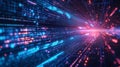 Futuristic Blue Purple Digital Data Flow Tunnel with Glowing Light Trails and Binary Code Streaks Royalty Free Stock Photo