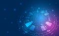 Futuristic blue and purple technology background with circular HUD interface, glowing data panels, and digital network elements. Royalty Free Stock Photo