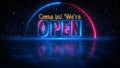 Blue Red Shine Come In We Are OPEN Text In Half Circle Lines Neon Sign With Light Reflection On Blue Water Surface Starry Royalty Free Stock Photo