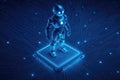 Futuristic blue robot standing on a glowing microchip with circuit board background android artificial intelligence Royalty Free Stock Photo