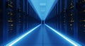 Futuristic Blue Server Room Corridor with Glowing Lights and Racks of Computers data center technology Royalty Free Stock Photo