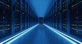 Futuristic blue server room corridor with glowing lights and rows of data racks data center Royalty Free Stock Photo