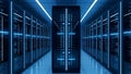Futuristic blue server room interior with glowing neon lights, data center technology concept Royalty Free Stock Photo