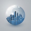 Futuristic Blue Smart City, IoT and Cloud Computing Design Concept with Polygonal Mesh Globe, Nodes, Cityscape, Skyscrapers Royalty Free Stock Photo