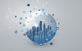 Futuristic Blue Smart City, IoT and Cloud Computing Design Concept with Polygonal Mesh Globe, Nodes, Cityscape, Skyscrapers Royalty Free Stock Photo