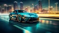 Futuristic Blue Sports Car Driving On City Street Royalty Free Stock Photo