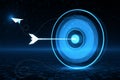 Futuristic blue target with arrow concept on digital grid background. Success and precision concept. Royalty Free Stock Photo