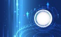 Futuristic blue technology background with circular HUD interface, glowing arrows, and digital data elements symbolizing Royalty Free Stock Photo