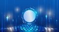Futuristic blue technology background with a glowing digital interface, circular HUD elements, hexagonal grid floor, and upward Royalty Free Stock Photo