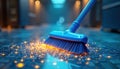 Futuristic blue, yellow broom cleans glowing circuit board. Augmented reality interface guides cleaning process. Tech enhanced Royalty Free Stock Photo