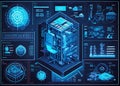 Futuristic blueprint-like interface filled with data, schematics, and digital elements