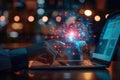 Futuristic brain hologram over laptop with data visualization and glowing analytics for AI technology use Royalty Free Stock Photo