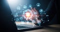 Futuristic brain network emerging from laptop symbolizing artificial intelligence and connectivity Royalty Free Stock Photo