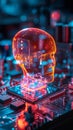 Futuristic brain robot, Artificial intelligence technology machine learning in electronic computer motherboard. Hardware tech