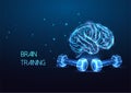 Futuristic brain training concept with glowing human brain and pair of dumbbells on dark blue