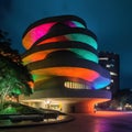 Futuristic Brazilian Music Hub: A Vibrant and Colorful Cultural Center with Illuminated Curves in Concrete.