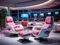 Futuristic break room with gaming and relaxation