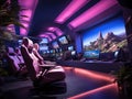Futuristic break room with gaming and VR