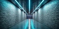 Futuristic brick tunnel with bright cyan neon lights reflecting on wet floor. Generative AI Royalty Free Stock Photo